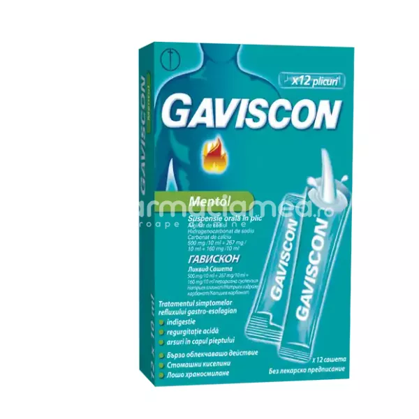 Gaviscon mentol suspensie orala, contine alginat de sodiu, hidrogenocarbonat de sodiu si carbonat de calciu, indicat in reflux gastroesofagian, de la 12 ani, 12 plicuri a 10 ml, Reckitt