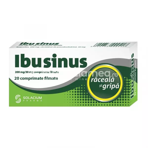Ibusinus, contine ibuprofen si clorhidrat de pseudoefedrina, cu efect antiinflamator, analgezic, antipiretic si decongestionant, indicat in tratarea simptomelor de raceala si gripa, 20 de comprimate filmate, Solacium Pharma