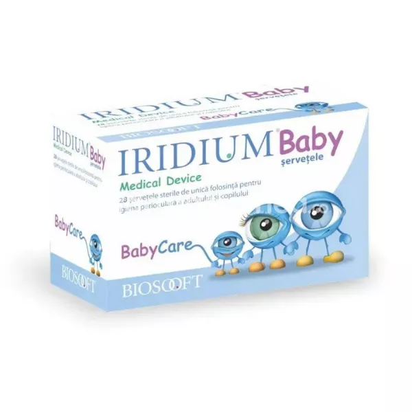 Iridium Baby servetele, recomandat pentru igiena ochilor, curata, actiune emolienta, calmanta si decongestionanta, de la nastere, 28buc, Biosooft