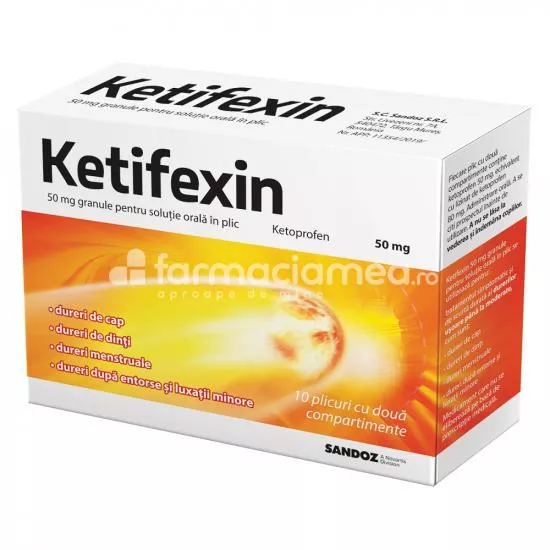 Ketifexin 50 mg granule pentru solutie orala, contine ketoprofen,  cu efect antiinflamator, indicat in tratamentul simptomatic al durerilor usoare, de la 16 ani, 10 plicuri, Sandoz
