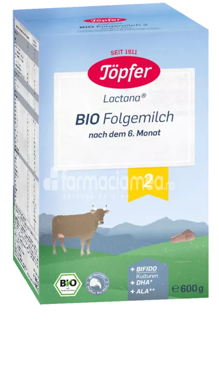 Lactana Bio 2 lapte praf, de la 6 luni, 600 g, Topfer
