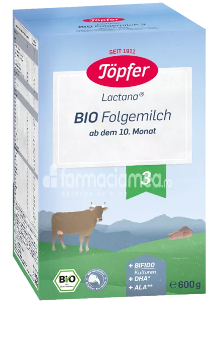 Lactana Bio 3 lapte praf, de la 10 luni, 600 gr, Topfer