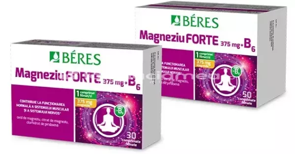 Magneziu Forte 375 mg și B6, recomandat in perioadele epuizante, reduce oboseala si extenuarea, amelioreaza starile de iritabilitate si anxietate, combate efectele stresului, 50 comprimate filmate, Beres