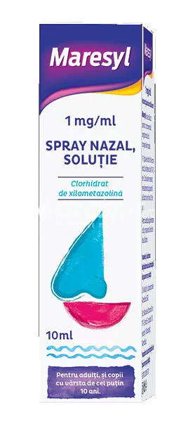 Maresyl 1 mg/ml spray nazal solutie, contine clorhidrat de xilometazolina, cu efect decongestionant, indicat in rinita alergica si sinuzita, de la 10 ani, flacon 10ml, Dr. Reddy's
