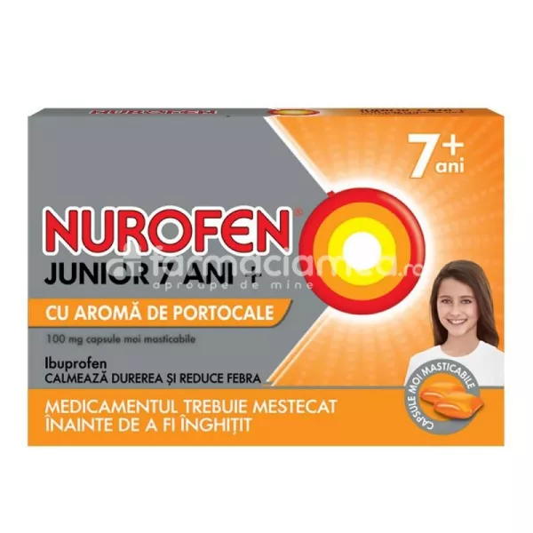 Nurofen Junior 7+ portocale 100 mg, contine ibuprofen, cu efect analgezic, antiinflamator si antipiretic, indicat in durere in gat, dureri de dinti, febra si raceala, durere de ureche, durere de cap, luxatii, de la 7 ani, 24 capsule masticabile, Reck