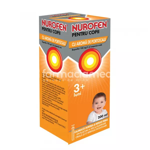 Nurofen pentru copii suspensie orala 3luni+ cu aroma portocale, contine ibuprofen, cu efect analgezic, antiinflamator si antipiretic, indicat in durere in gat, dureri de dinti, febra si raceala, durere de ureche, durere de cap, luxatii, de la 3 luni,