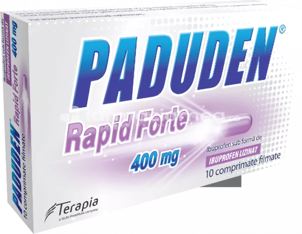 Paduden Rapid Forte 400mg, contine ibuprofen, cu efect analgezic, antiinflamator si antipiretic, indicat in tratamentul migrenei, durerilor de cap, dureri de spate, nevralgii, durerilor menstruale, dureri reumatice, dureri musculare, febra, raceala s
