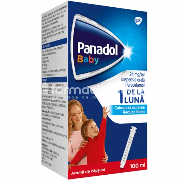 Panadol Baby 24 mg/ml suspensie orala de capsuni, contine paracetamol, cu efect analgezic si antipiretic, indicat in ameliorarea durerii si febrei, de la 1 luna, flacon 100 ml, Gsk