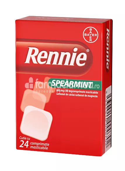 Rennie Spearmint 680mg/ 80mg, contine carbonat de calciu si carbonat de magneziu, cu efect antiacid, indicat in hiperaciditate gastrica, reflux gastroesofagian, indigestie in sarcina, balonare, de la 12 ani, 24 de comprimate masticabile, Bayer