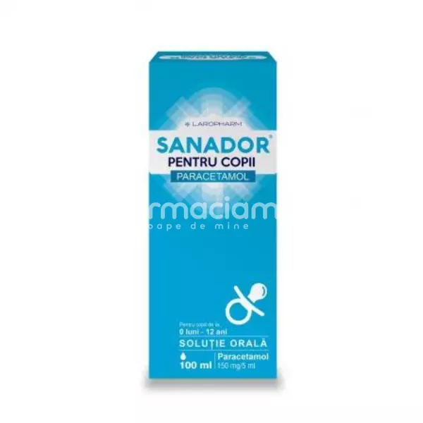 Sanador sirop pentru copii, contine paracetamol 150 mg/5 ml, pentru febra si raceala, 100 ml, Laropharm
