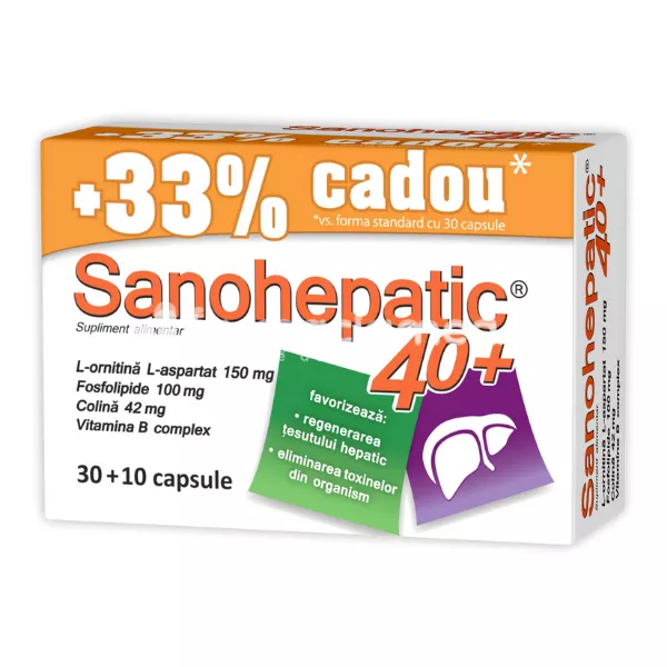 Sanohepatic 40+, colina, lecitina, sanatatea ficatului, elimina toxinele, sprijina detoxifierea ficatului, reduce oboseala, 40 capsule, Zdrovit