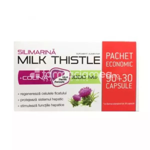Silimarina Milk Thistle si Colina hepatoprotector 90 capsule + 30 capsule Cadou, Zdrovit