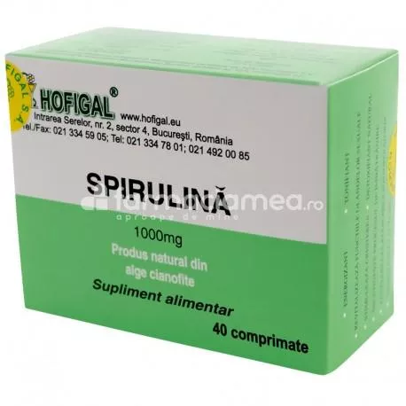 Spirulina 1000 mg, sustine vitalitatea organismului, protejeaza si regenereaza ficatul, 40 comprimate, Hofigal