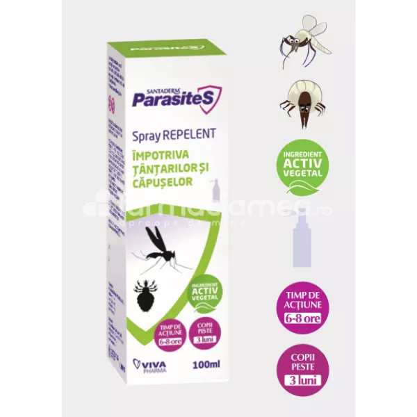 Spray Repelent tantari si capuse, 100ml, Santaderm Parasites, [],farmaciamea.ro