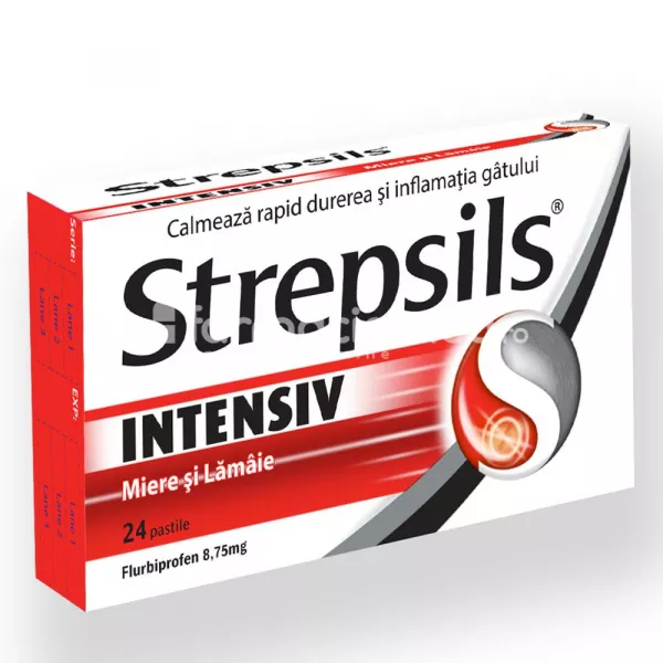 Strepsils Intensive, contine flurbiprofen, cu efect antiinflamator, indicat in dureri severe in gat, de la 12 ani, 24 de pastile, Reckitt, [],farmaciamea.ro