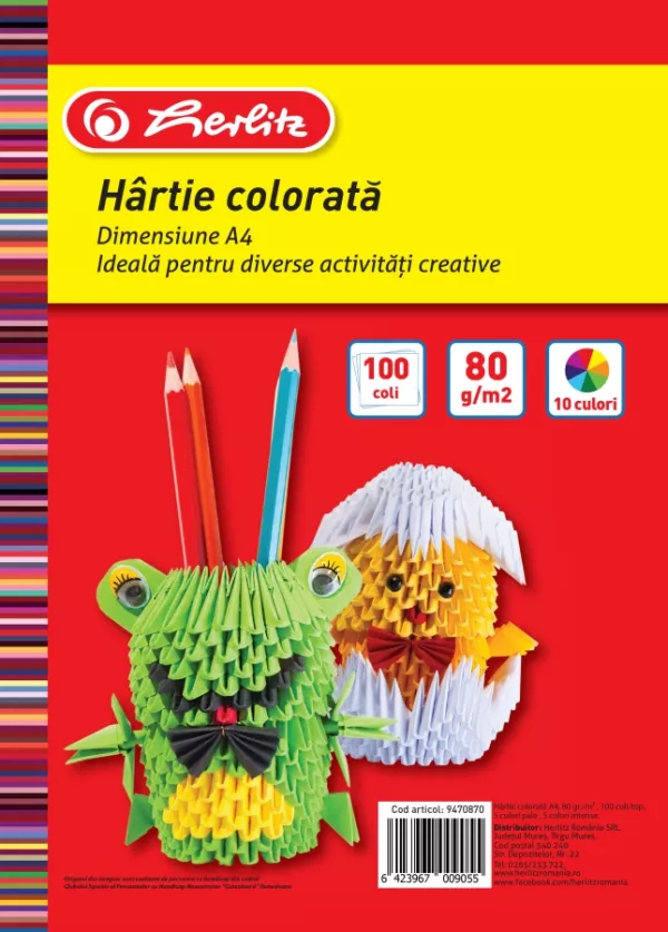 Hartie color A4, 80 g, set 100, diverse culori