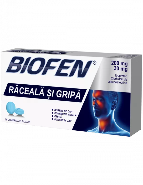 Biofen Răceală și Gripă, 200mg/30mg, 20 comprimate filmate, Biofarm