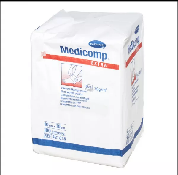 Comprese extra nesterile absorbante din material nețesut Medicomp Extra, 10x10 cm, 100 bucăți, Hartmann