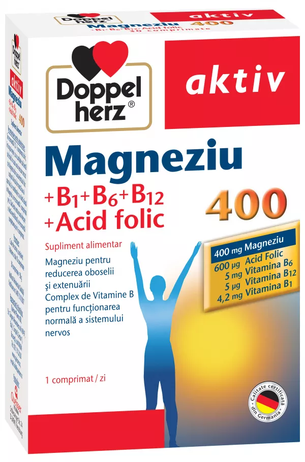 Doppelherz Aktiv Magneziu 400 + B1 + B6 + B12 + Acid Folic, 30 comprimate