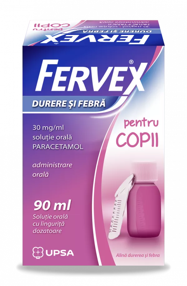 Fervex Durere și Febră pentru copii, 30mg/ml, soluție orală, 90ml, Upsa