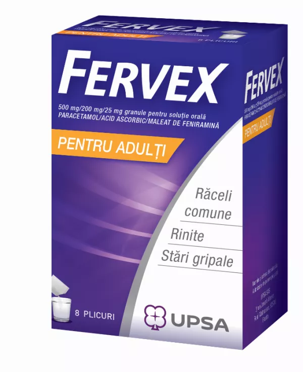 Fervex pentru adulti 500 mg/200 mg/25 mg, 8 plicuri