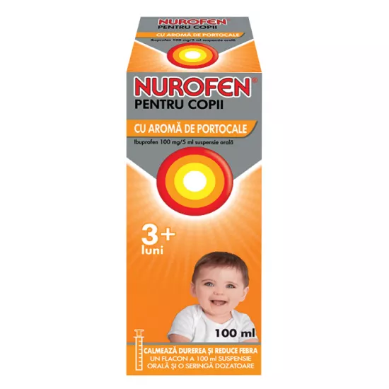 Nurofen 100mg pentru copii 3 luni aromă de portocale, 100 ml, Reckitt Benckiser Healthcare