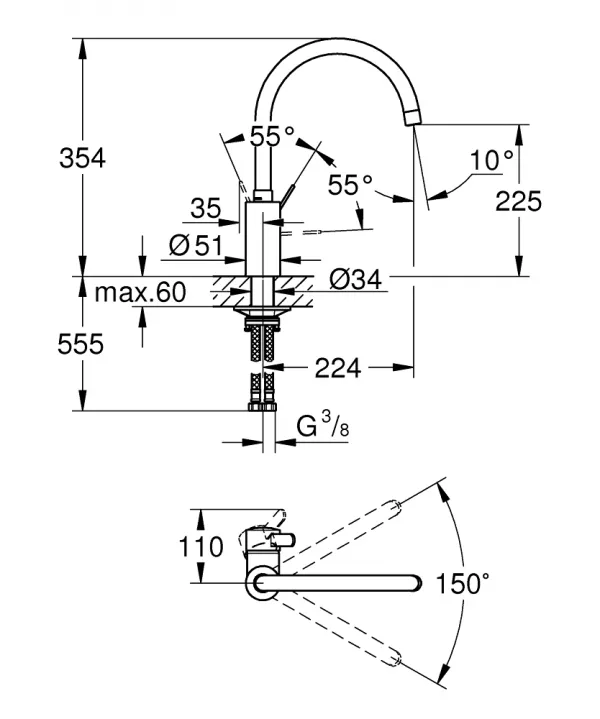 Baterie bucatarie Grohe Eurosmart Cosmopolitan, pipa inalta tip C, crom