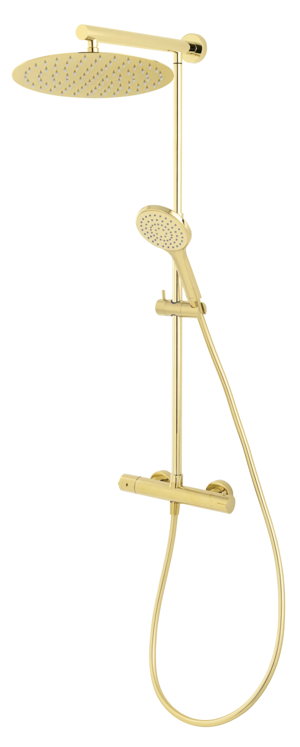 Coloana de dus FDesign Anima cu baterie termostatata, palarie 30 cm, furtun 1.5 m si para mobila, auriu lucios