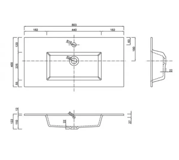 Lavoare - Lavoar Defra Flex 80 x 40 x 1.2 cm din compozit, montare pe mobilier, alb, laguna.ro