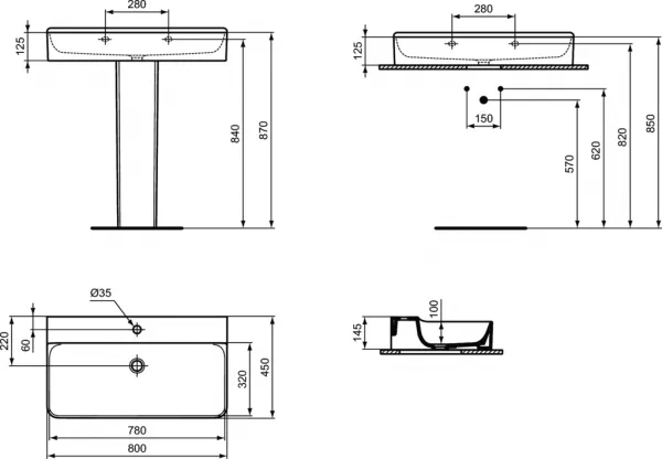 Lavoare - Lavoar Ideal Standard Conca 80x45 cm, montare pe mobilier, fara preaplin, finisat pe partea din spate, laguna.ro