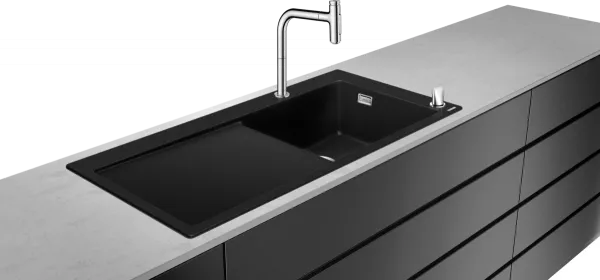 Set Hansgrohe Sink Combi C51-F450-08, chiuveta SilicaTec 105x51 cm, cuva dreapta graphite black si baterie cu doua elemente si dus extractibil