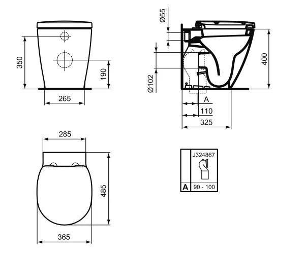 Vase wc - Vas wc pe pardoseala Ideal Standard Connect Space compact 48x36 cm, lipit de perete, pentru rezervor ingropat, laguna.ro