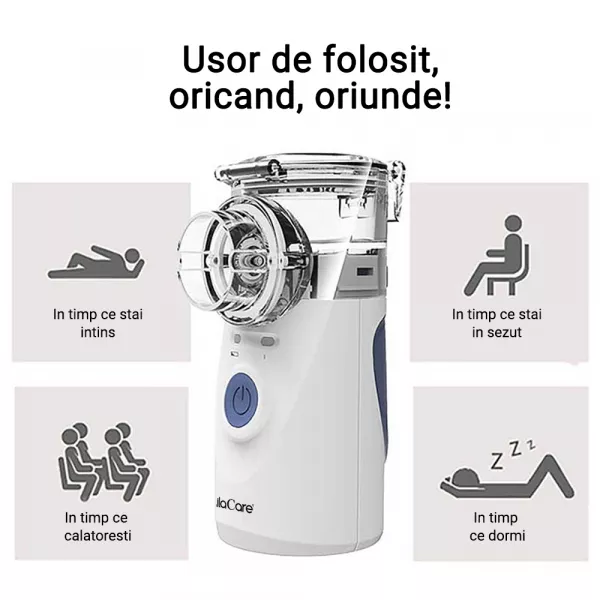 Aparat aerosoli Lila Care, nebulizator, portabil,  ultrasonic, baterii si adaptor priza, tehnologie Mesh, accesorii, trusa depozitare, super silentios, alb