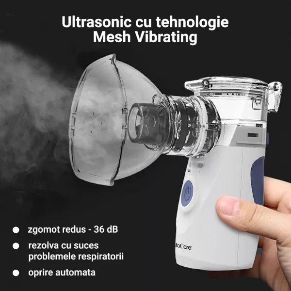 Aparat aerosoli Lila Care, nebulizator, portabil,  ultrasonic, baterii si adaptor priza, tehnologie Mesh, accesorii, trusa depozitare, super silentios, alb