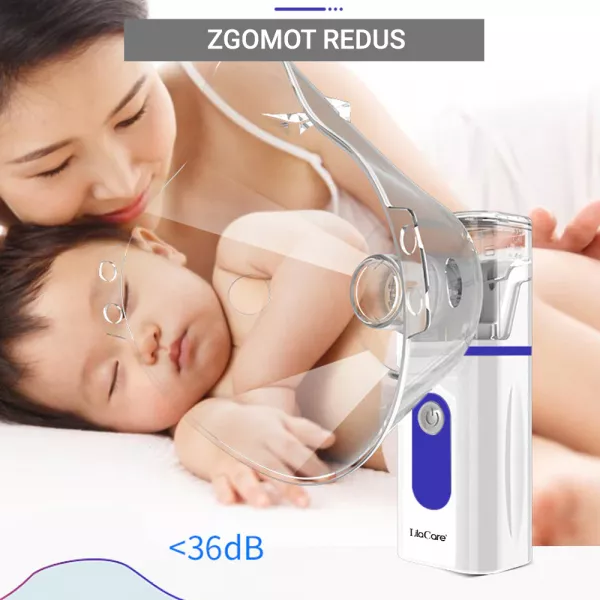 Aparat aerosoli, nebulizator portabil cu baterii, Lila Care, silentios, masca adulti si copii 