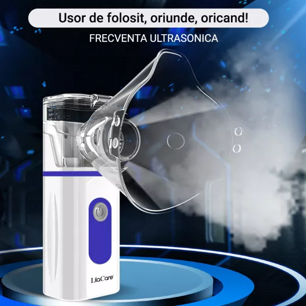 Aparat aerosoli, nebulizator portabil cu baterii, Lila Care, silentios, masca adulti si copii 