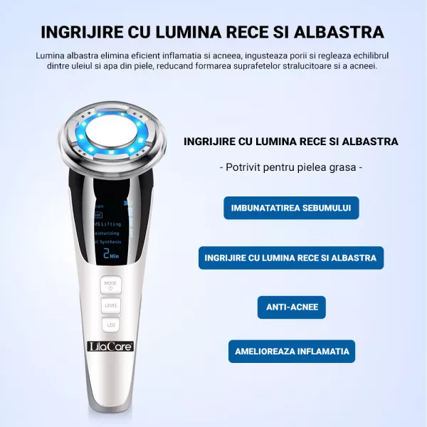 Aparat facial Lila Care, EMS masaj facial cald si rece, anti imbatranire, pentru intinerirea pielii, anti-rid, alb 103, vibratie sonica de 8000 rpm, alb-negru