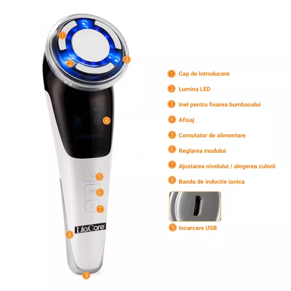 Aparat facial Lila Care, EMS masaj facial cald si rece, anti imbatranire, pentru intinerirea pielii, anti-rid, alb 103, vibratie sonica de 8000 rpm, alb-negru