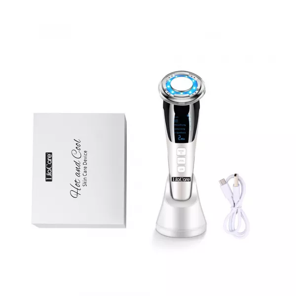 Aparat facial Lila Care, EMS masaj facial cald si rece, anti imbatranire, pentru intinerirea pielii, anti-rid, alb 103, vibratie sonica de 8000 rpm, alb-negru