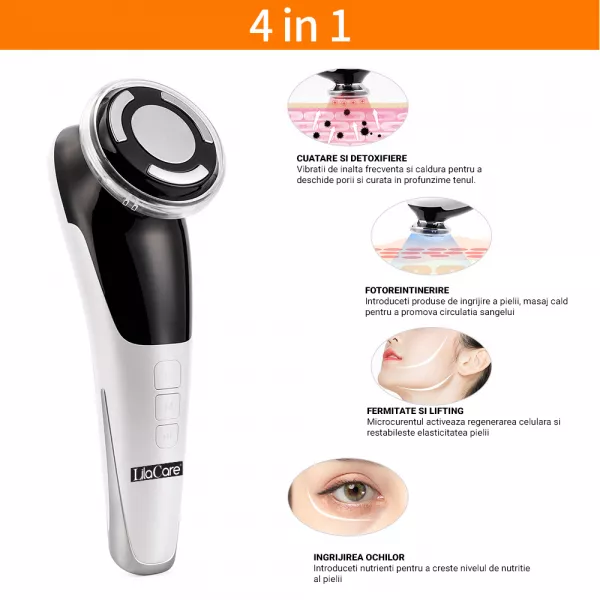 Aparat facial Lila Care, EMS masaj facial cald si rece, anti imbatranire, pentru intinerirea pielii, anti-rid, alb 103, vibratie sonica de 8000 rpm, alb-negru