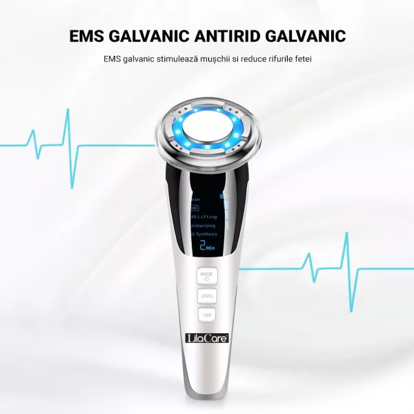 Aparat facial Lila Care, EMS masaj facial cald si rece, anti imbatranire, pentru intinerirea pielii, anti-rid, alb 103, vibratie sonica de 8000 rpm, alb-negru