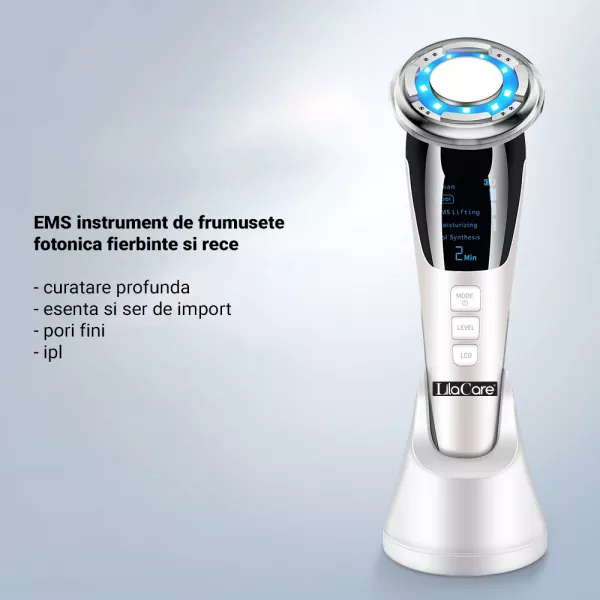 Aparat facial Lila Care, EMS masaj facial cald si rece, anti imbatranire, pentru intinerirea pielii, anti-rid, alb 103, vibratie sonica de 8000 rpm, alb-negru