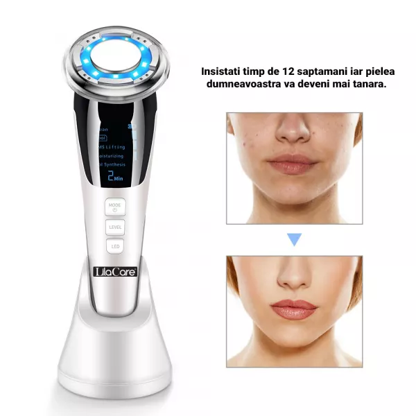 Aparat facial Lila Care, EMS masaj facial cald si rece, anti imbatranire, pentru intinerirea pielii, anti-rid, alb 103, vibratie sonica de 8000 rpm, alb-negru