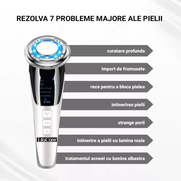 Aparat facial Lila Care, EMS masaj facial cald si rece, anti imbatranire, pentru intinerirea pielii, anti-rid, alb 103, vibratie sonica de 8000 rpm, alb-negru