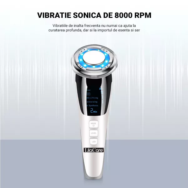 Aparat facial Lila Care, EMS masaj facial cald si rece, anti imbatranire, pentru intinerirea pielii, anti-rid, alb 103, vibratie sonica de 8000 rpm, alb-negru
