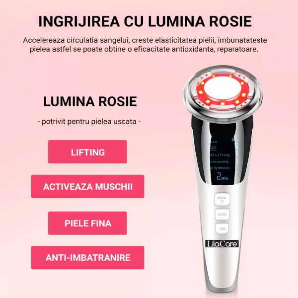 Aparat facial Lila Care, EMS masaj facial cald si rece, anti imbatranire, pentru intinerirea pielii, anti-rid, alb 103, vibratie sonica de 8000 rpm, alb-negru
