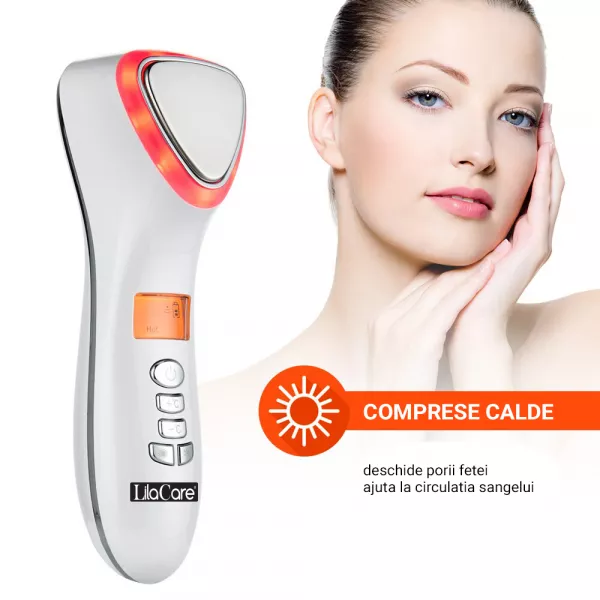 Aparat masaj facial Lila Care, pentru indepartarea liniilor fine, vibratii cu ultrasunete, masaj rece/cald, foton, functie de intinerire, alb