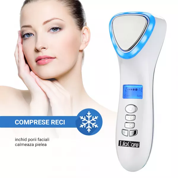 Aparat masaj facial Lila Care, pentru indepartarea liniilor fine, vibratii cu ultrasunete, masaj rece/cald, foton, functie de intinerire, alb