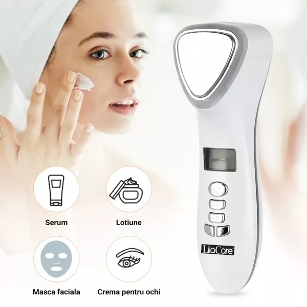 Aparat masaj facial Lila Care, pentru indepartarea liniilor fine, vibratii cu ultrasunete, masaj rece/cald, foton, functie de intinerire, alb