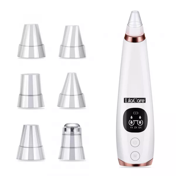 Aspirator facial Lila Care, ingrijire ten, indepartarea punctelor negre, minimizarea porilor, putere de aspirare mare, 6 capete inlocuibile, 7 nivele de rezistenta, portabil, alb